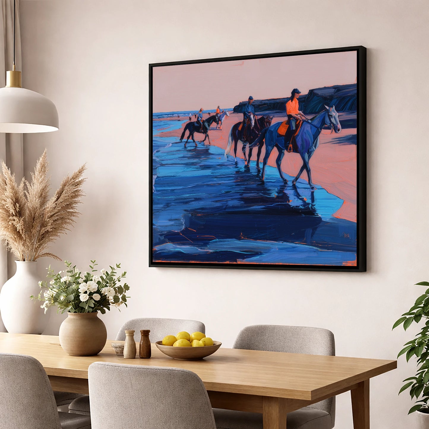Twilight Coastal Hack horse landscape wall art displayed in a dining room