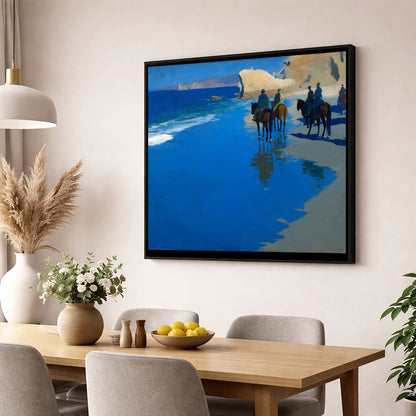 The Azure Shoreline horse landscape wall art displayed in a dining room