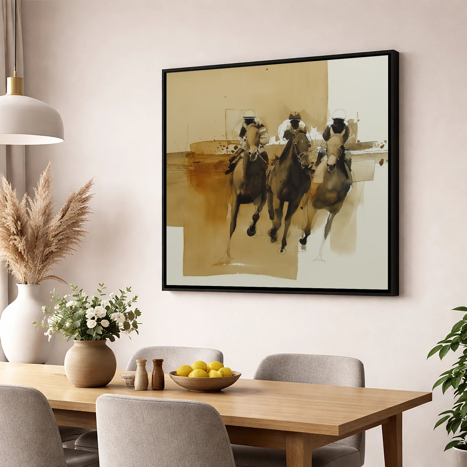 The Home Straight racing horse wall art displayed in a dining room