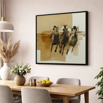 The Home Straight racing horse wall art displayed in a dining room