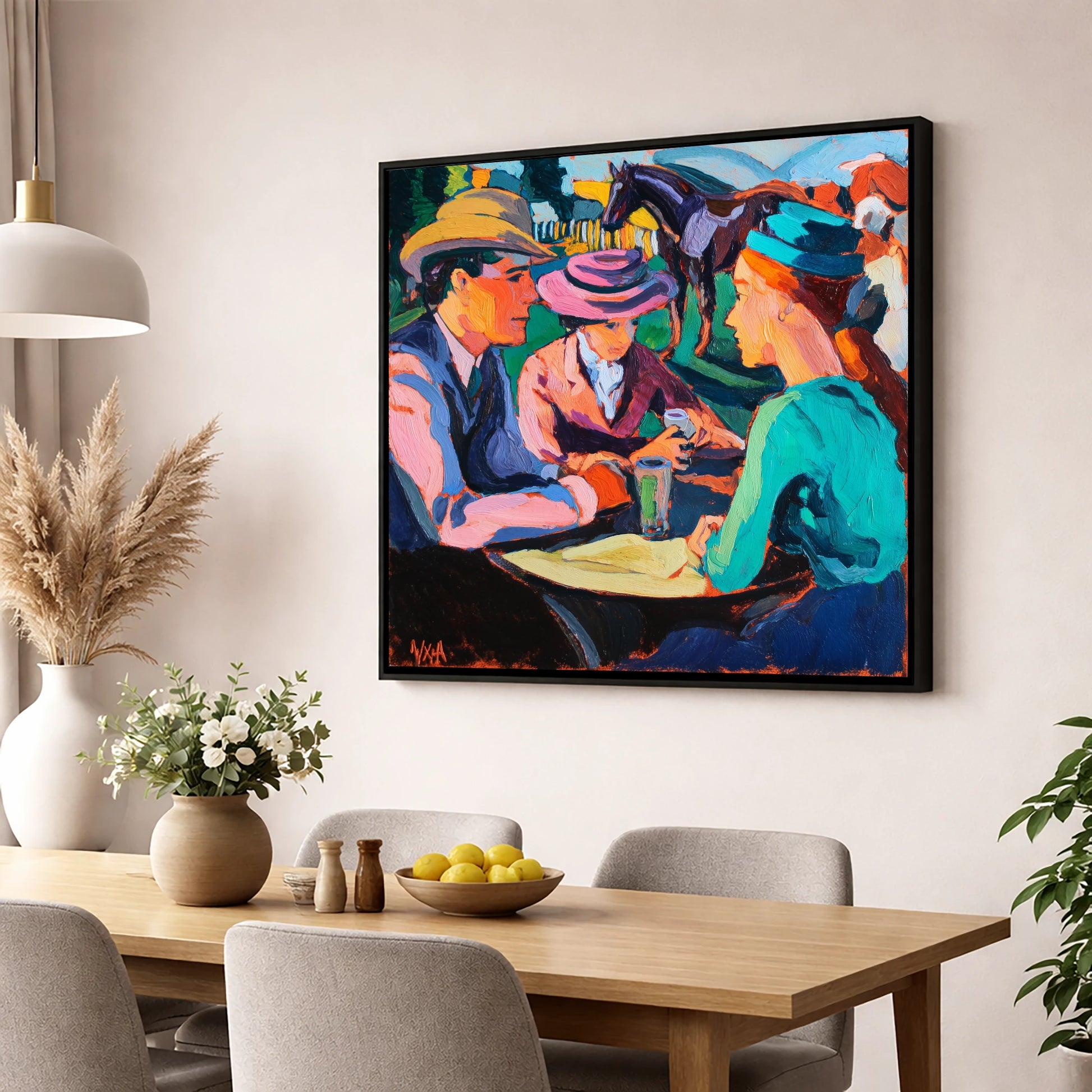 Paddock Society racing horse wall art displayed in a dining room