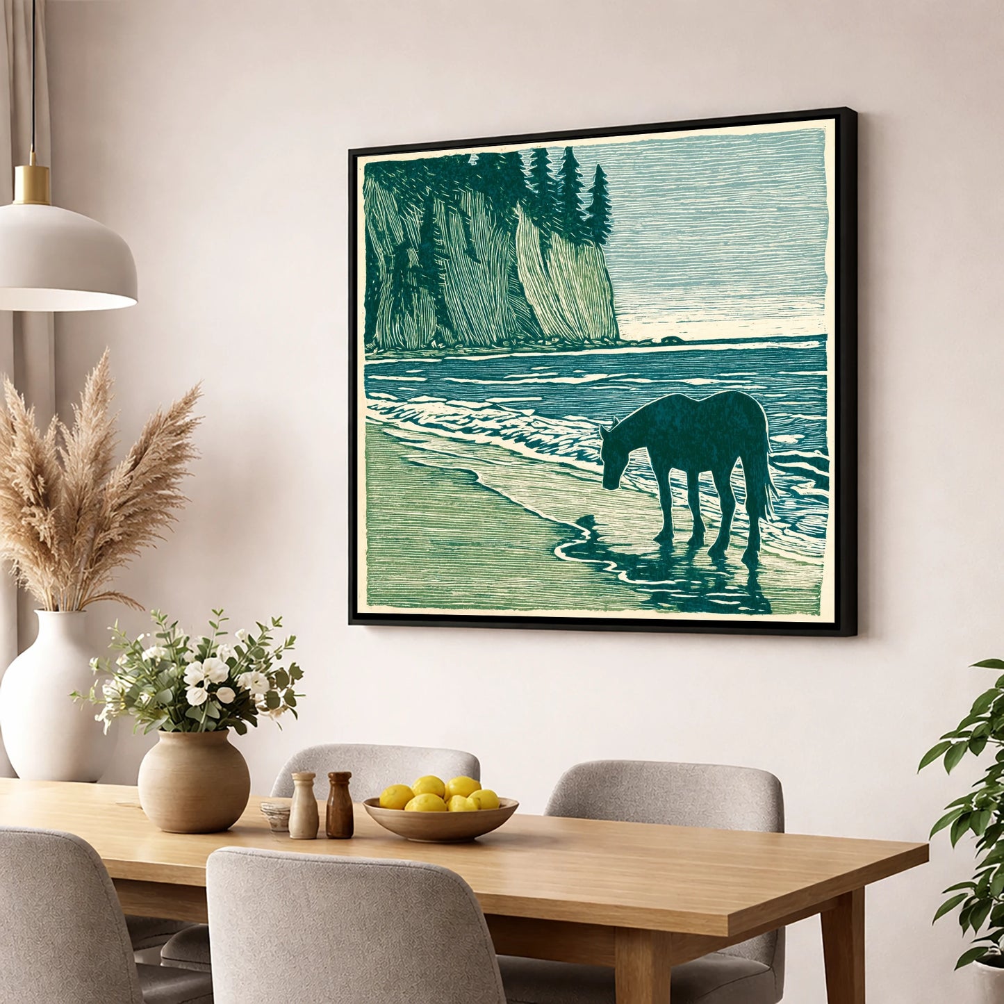 Coastal Waters Retreat horse landscape wall art displayed in a dining room