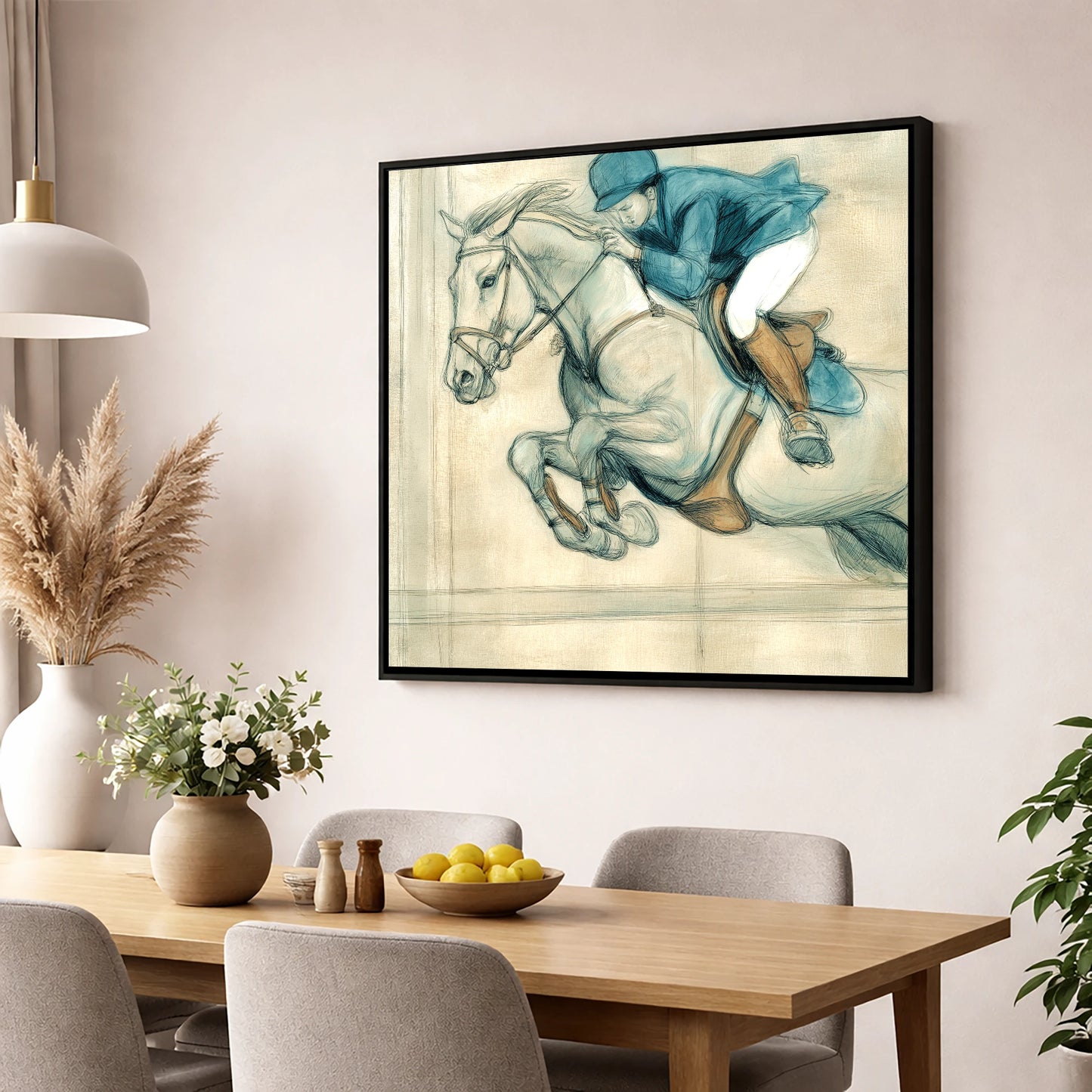 Suspended Flight show jumping horse wall art displayed in a dining room