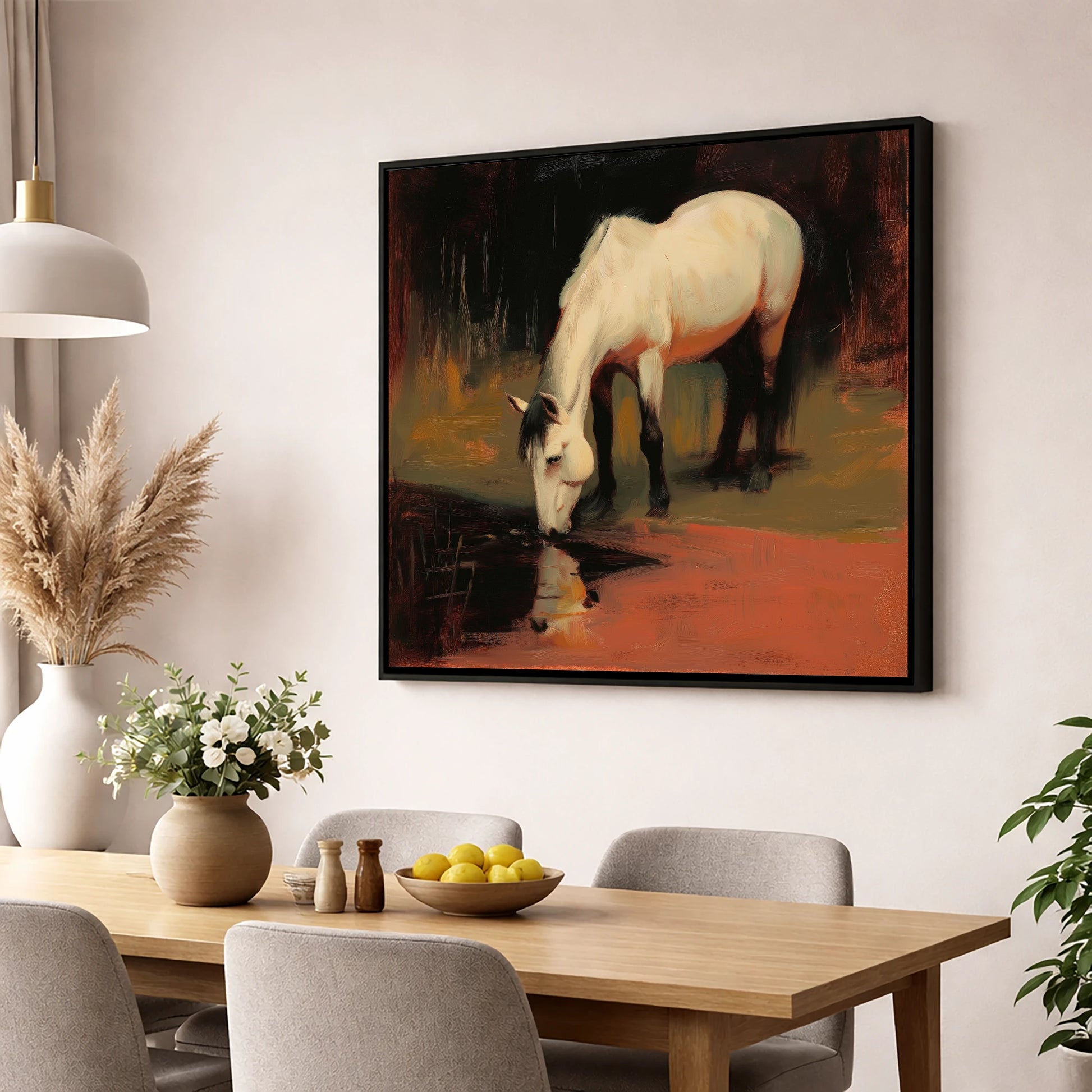 Quiet Reflection horse portrait wall art displayed in a dining room