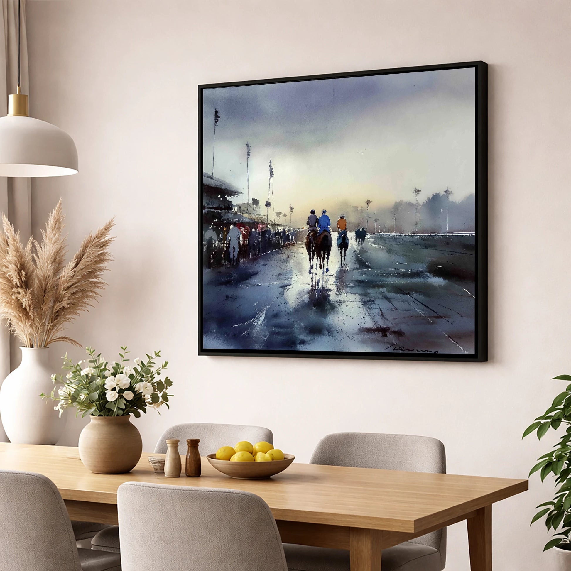Dawn at the Track racing horse wall art displayed in a dining room