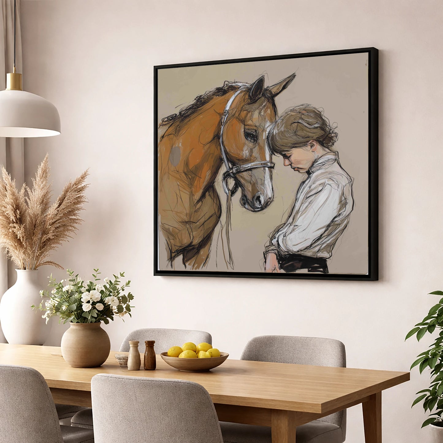 Silent Devotion horse & rider wall art displayed in a dining room