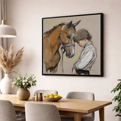 Silent Devotion horse & rider wall art displayed in a dining room
