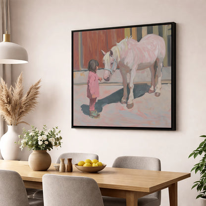 A Quiet Connection horse & rider wall art displayed in a dining room