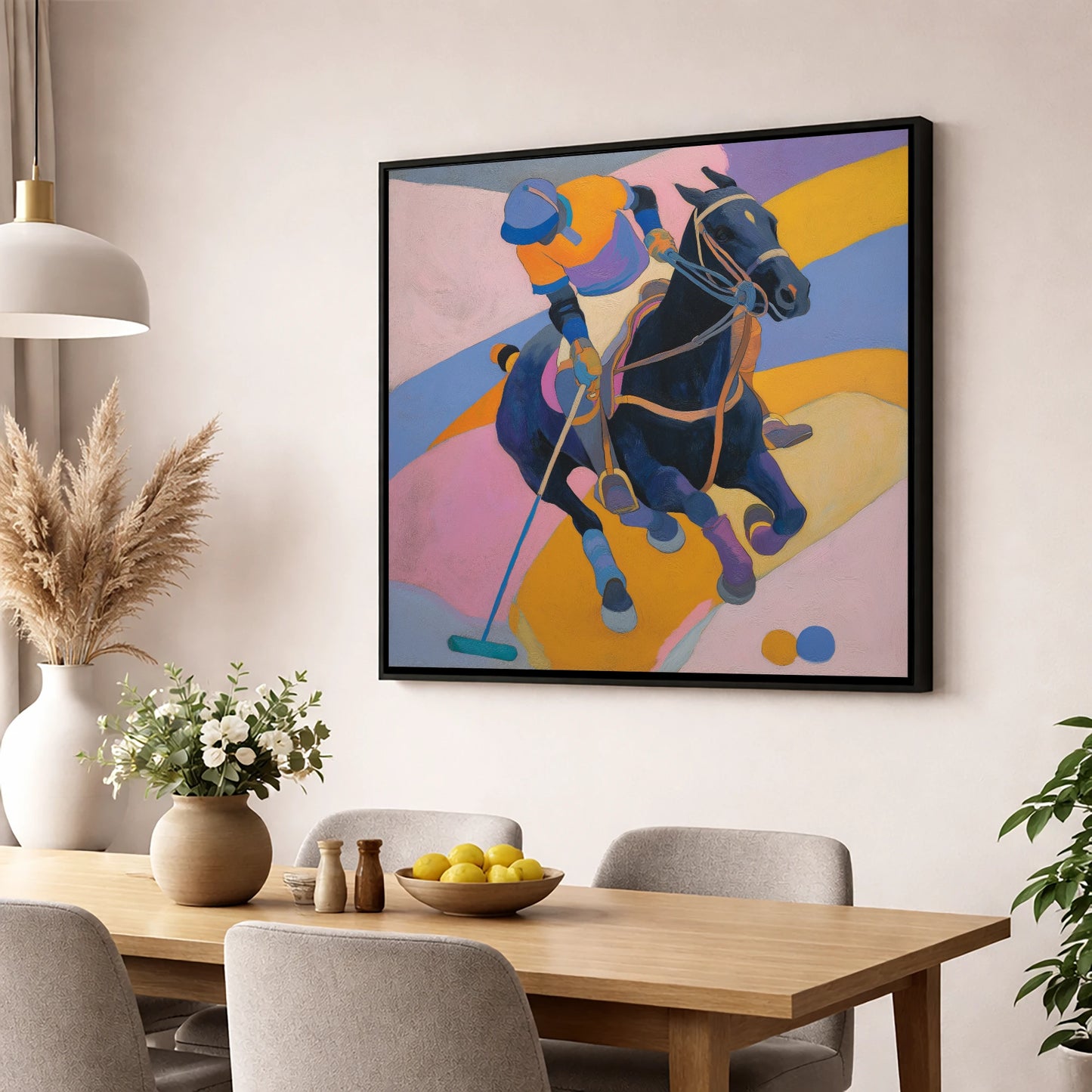 Vivid Polo Strike polo horse wall art displayed in a dining room