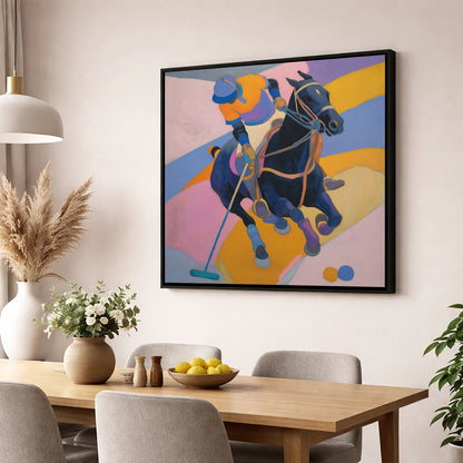 Vivid Polo Strike polo horse wall art displayed in a dining room
