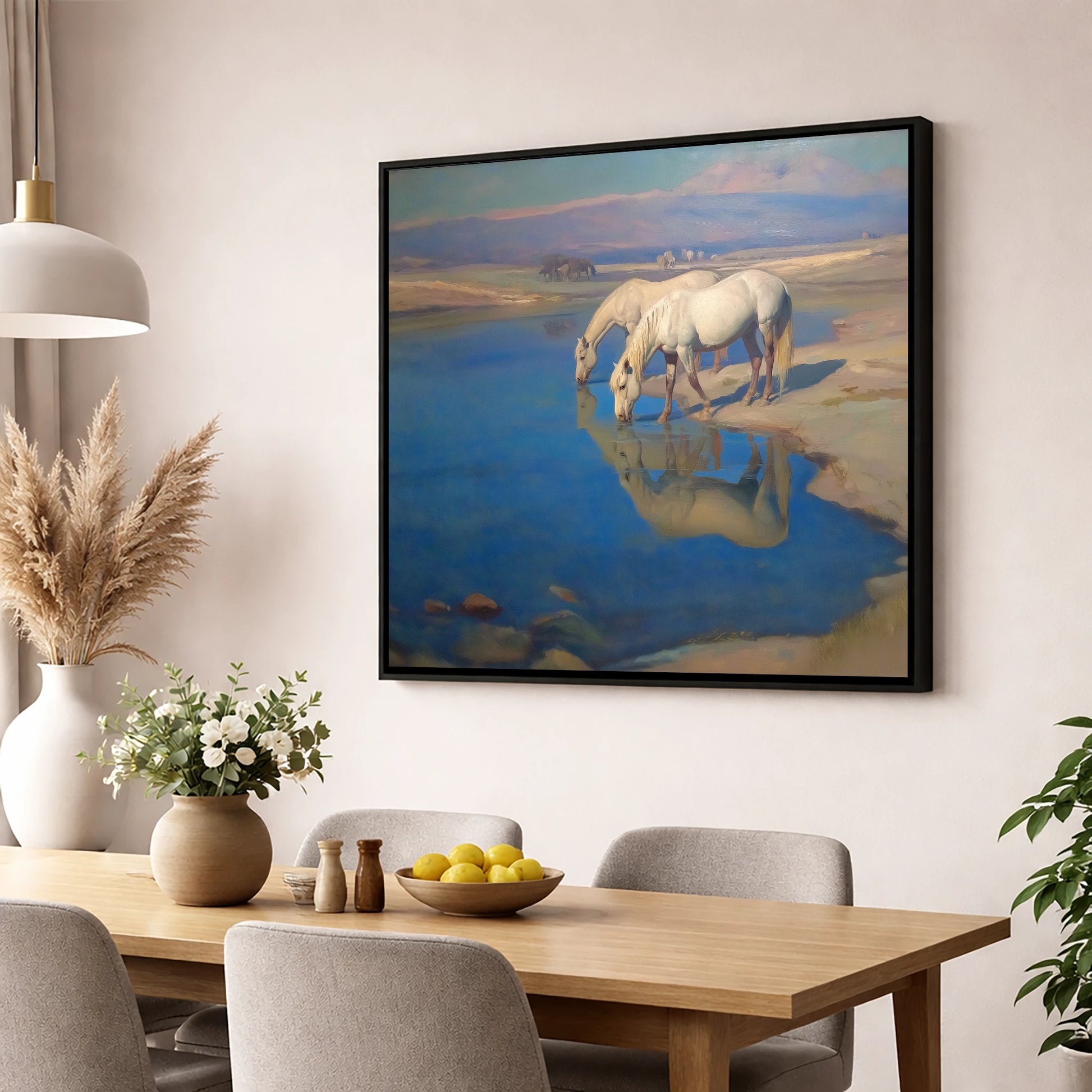Reflections in Azure wild horses wall art displayed in a dining room