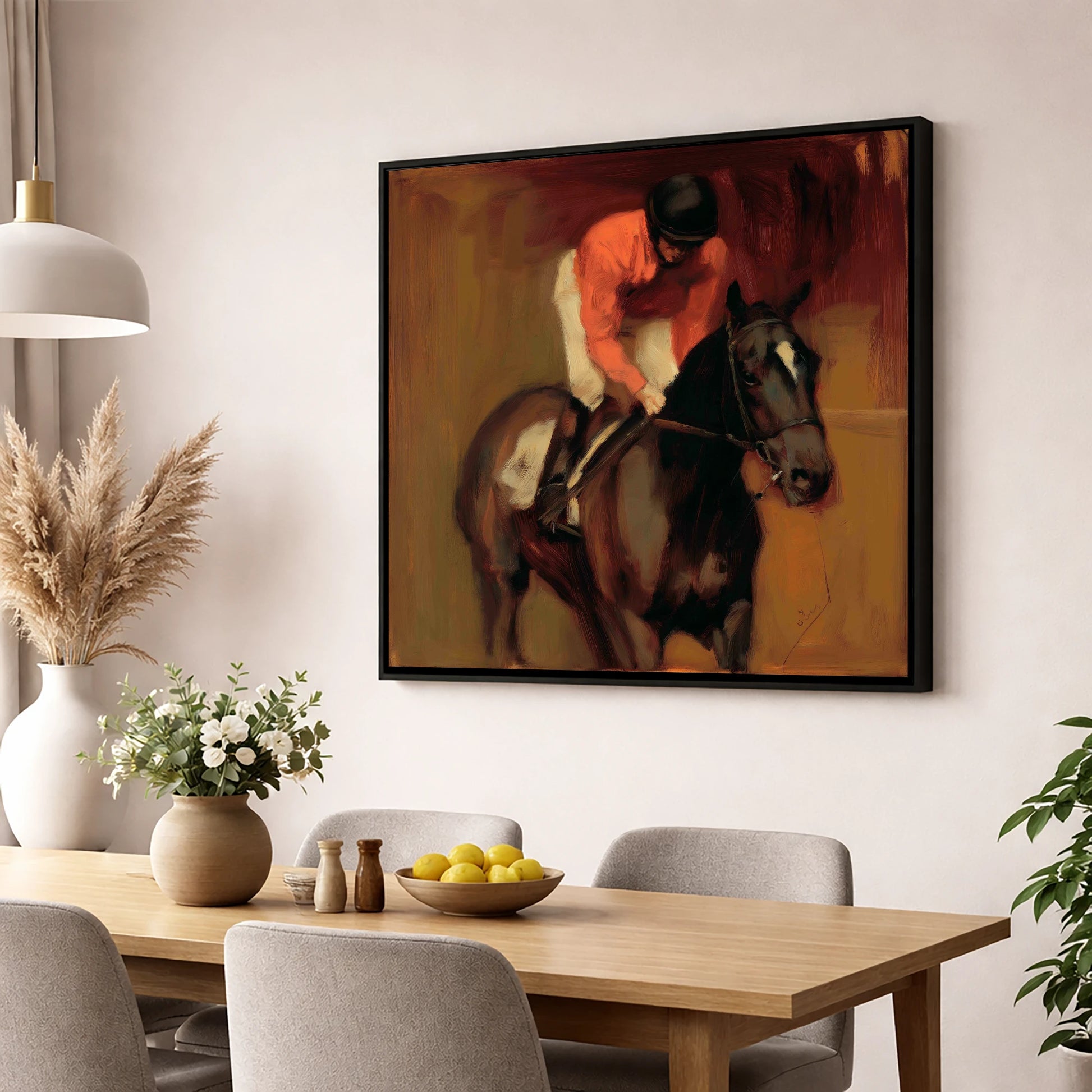 Trackside Shadows racing horse wall art displayed in a dining room
