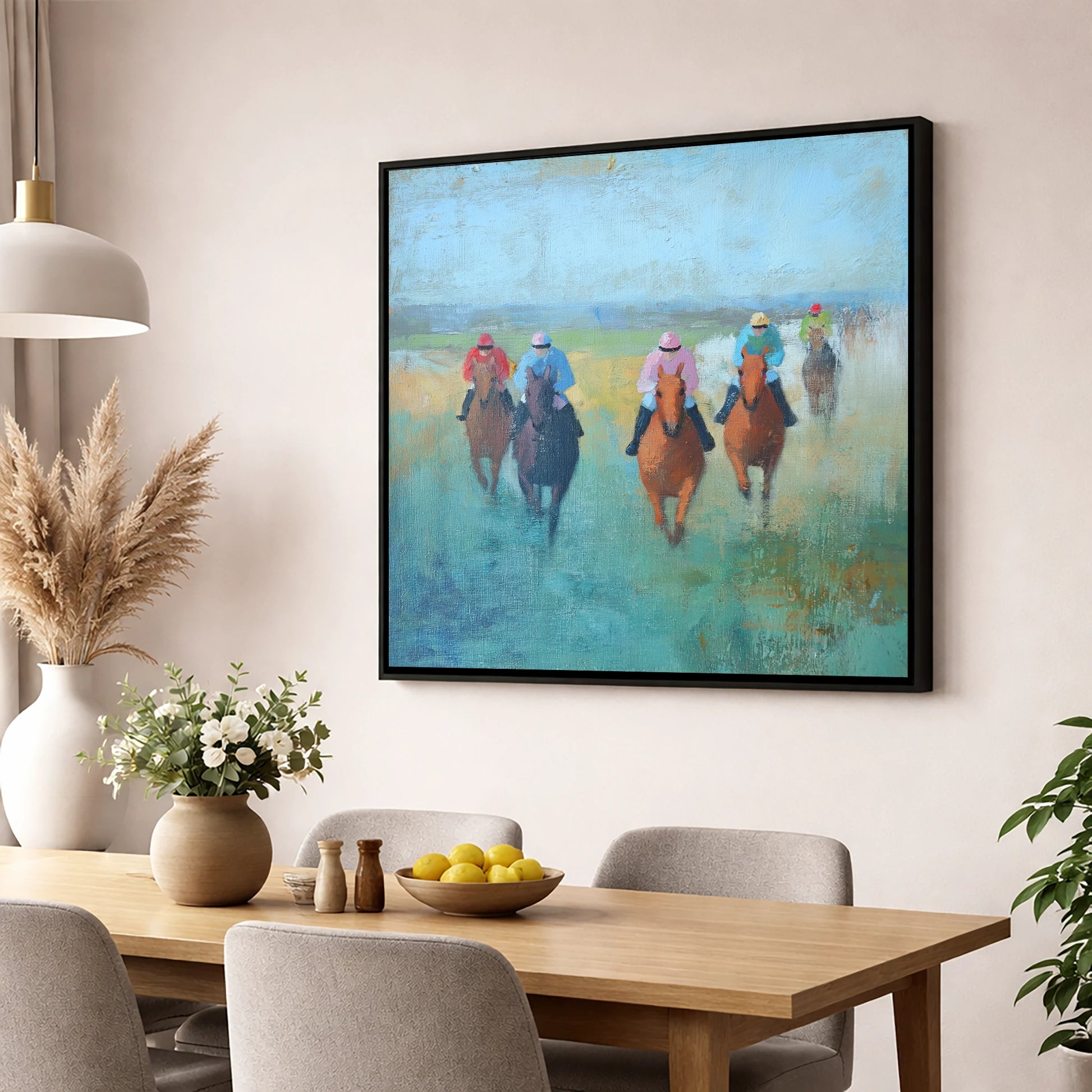 Through the Mist racing horse wall art displayed in a dining room