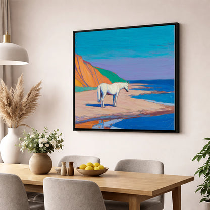 Vibrant Coastal Solitude horse landscape wall art displayed in a dining room