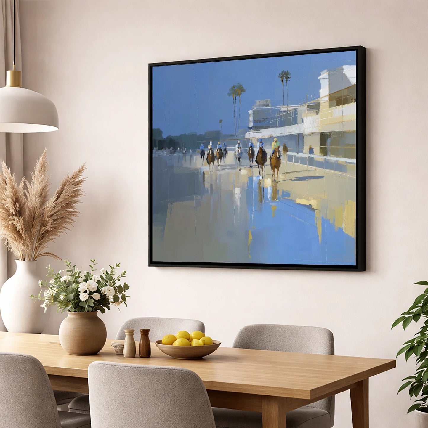 Race Day Reflections racing horse wall art displayed in a dining room