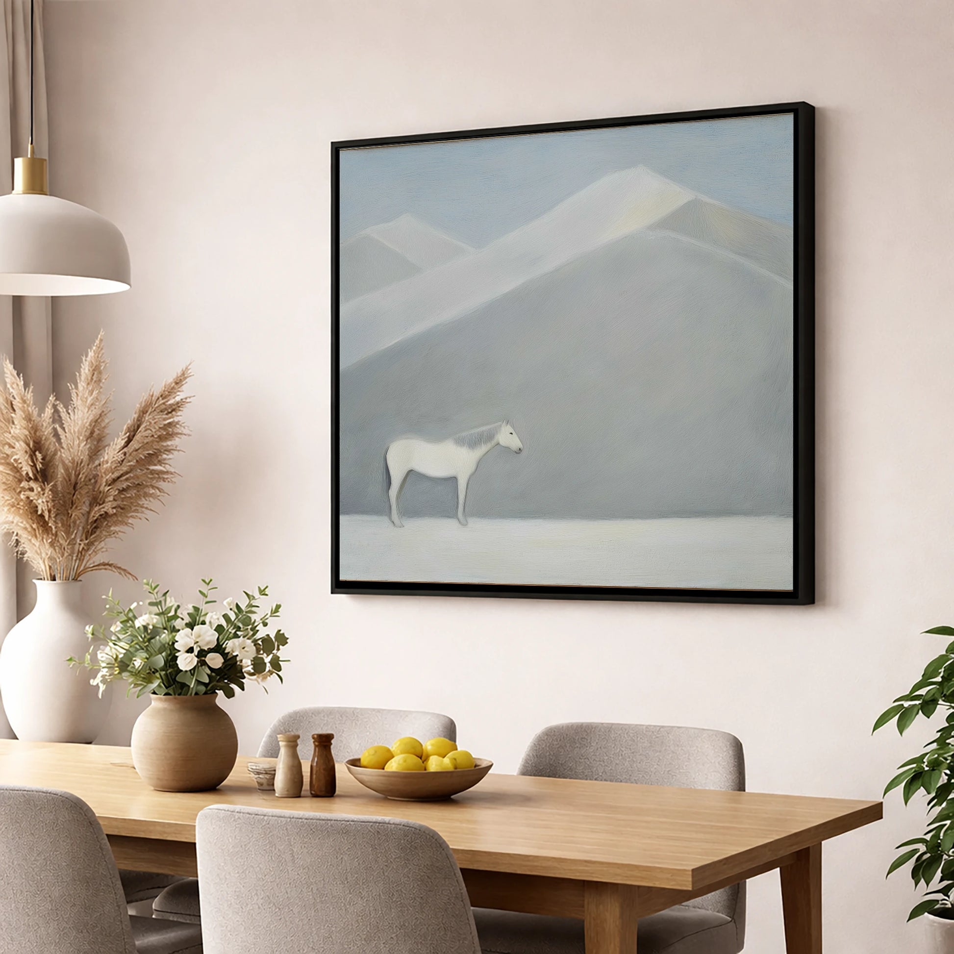 Silent Mountain Sentinel horse landscape wall art displayed in a dining room