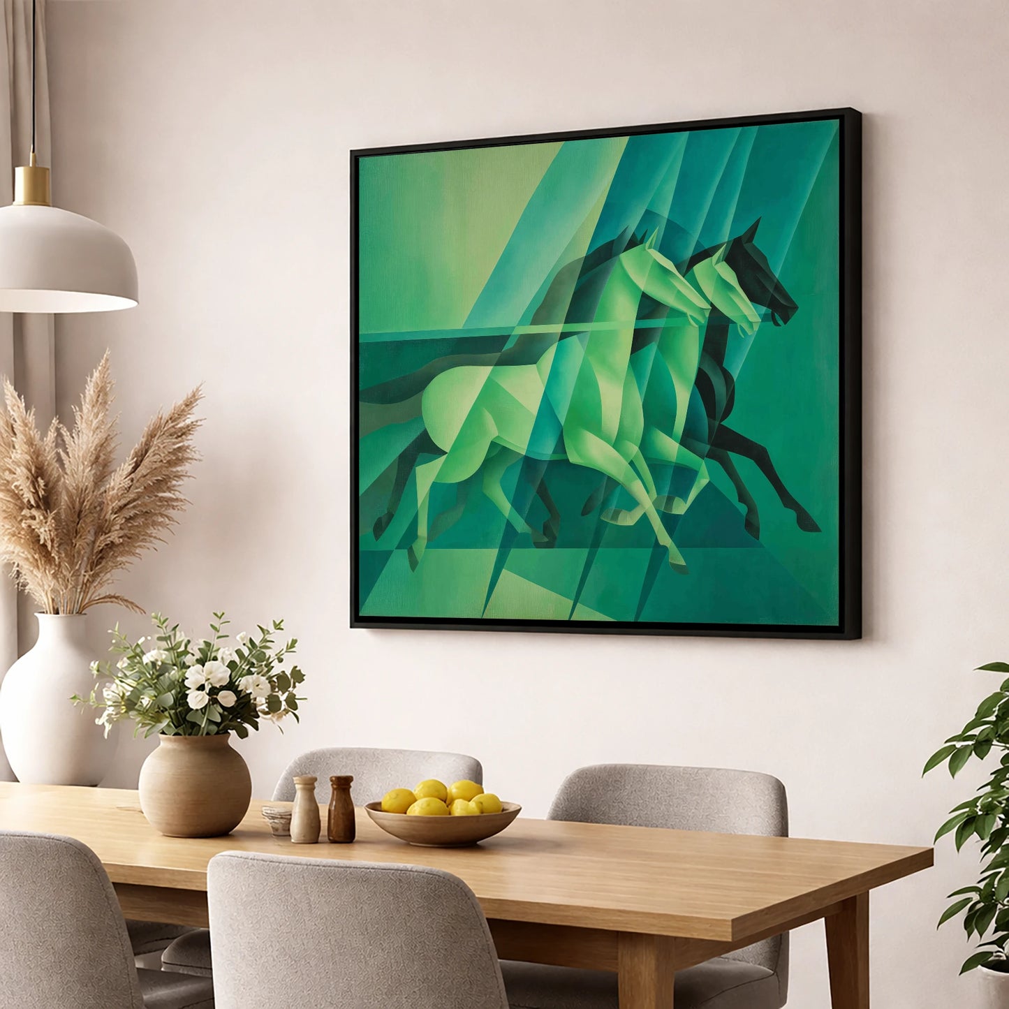Emerald Rhythm racing horse wall art displayed in a dining room
