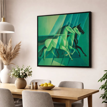 Emerald Rhythm racing horse wall art displayed in a dining room