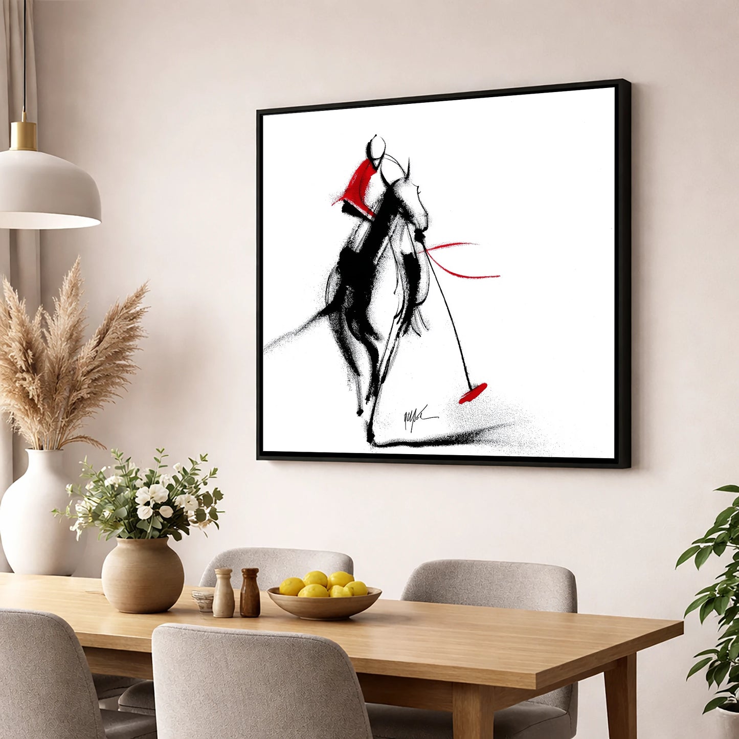 The Crimson Chukka polo horse wall art displayed in a dining room