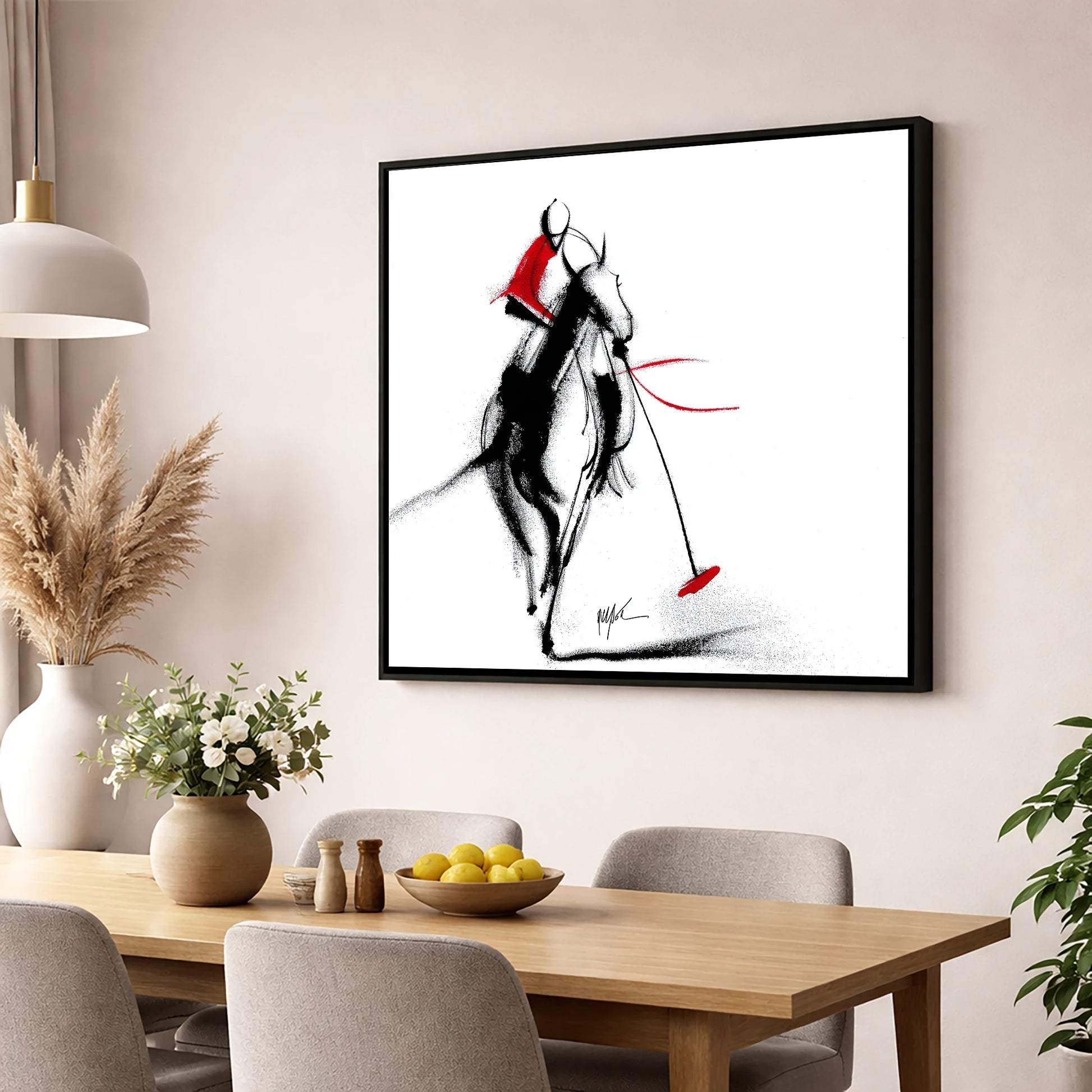 The Crimson Chukka polo horse wall art displayed in a dining room