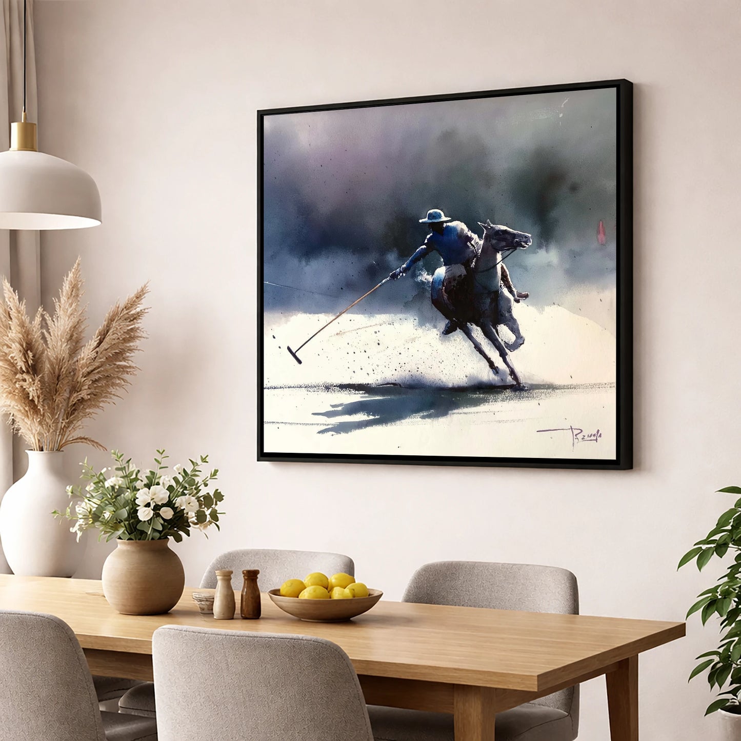 The Decisive Strike polo horse wall art displayed in a dining room