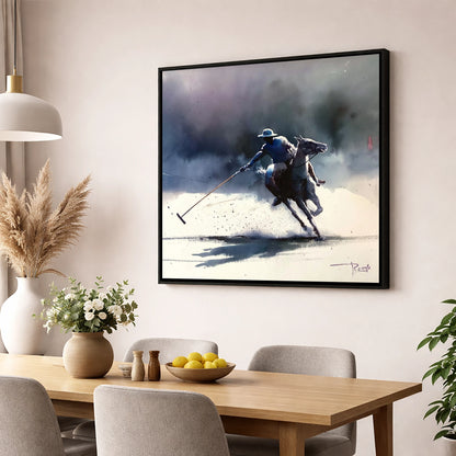 The Decisive Strike polo horse wall art displayed in a dining room