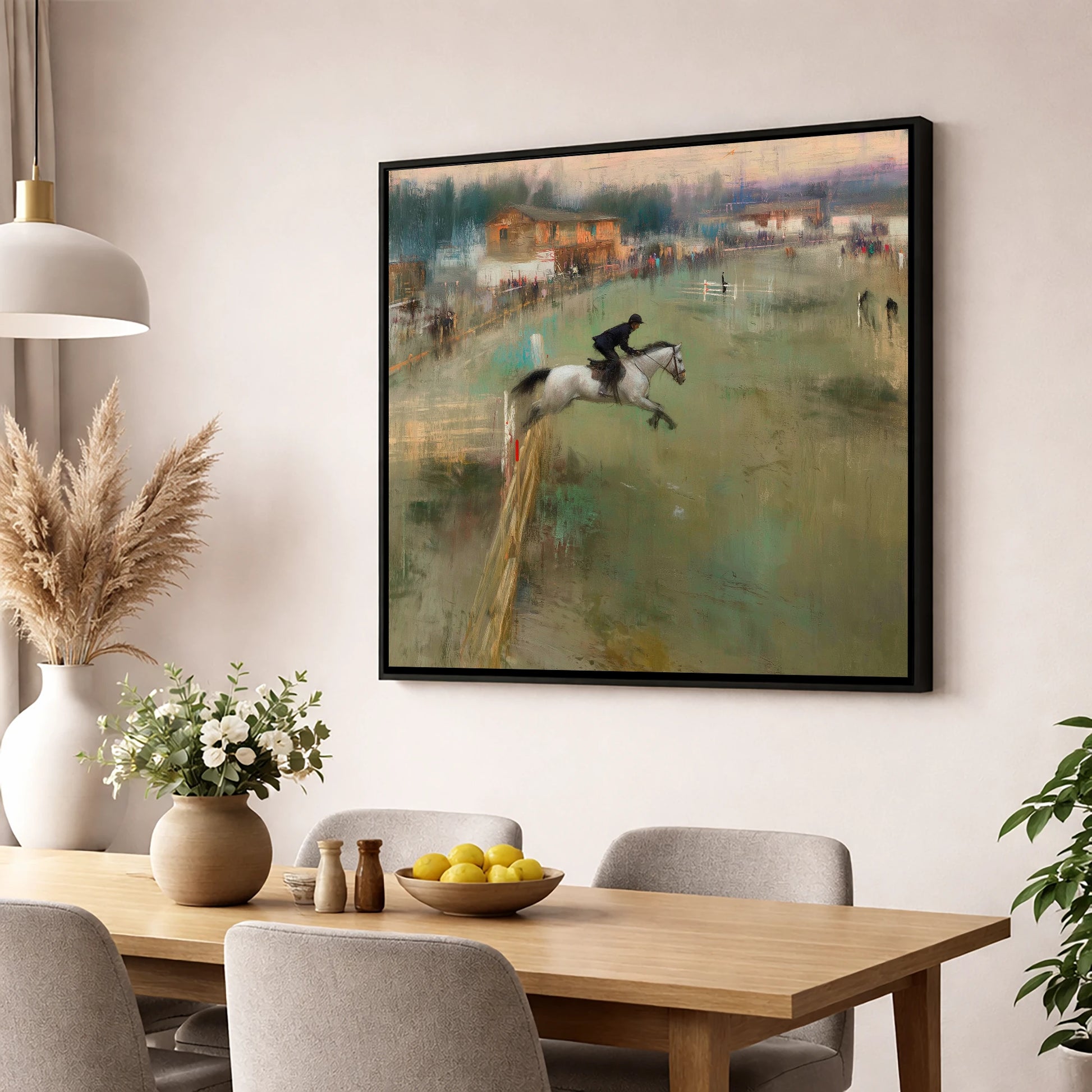 Clearing the Timber show jumping horse wall art displayed in a dining room
