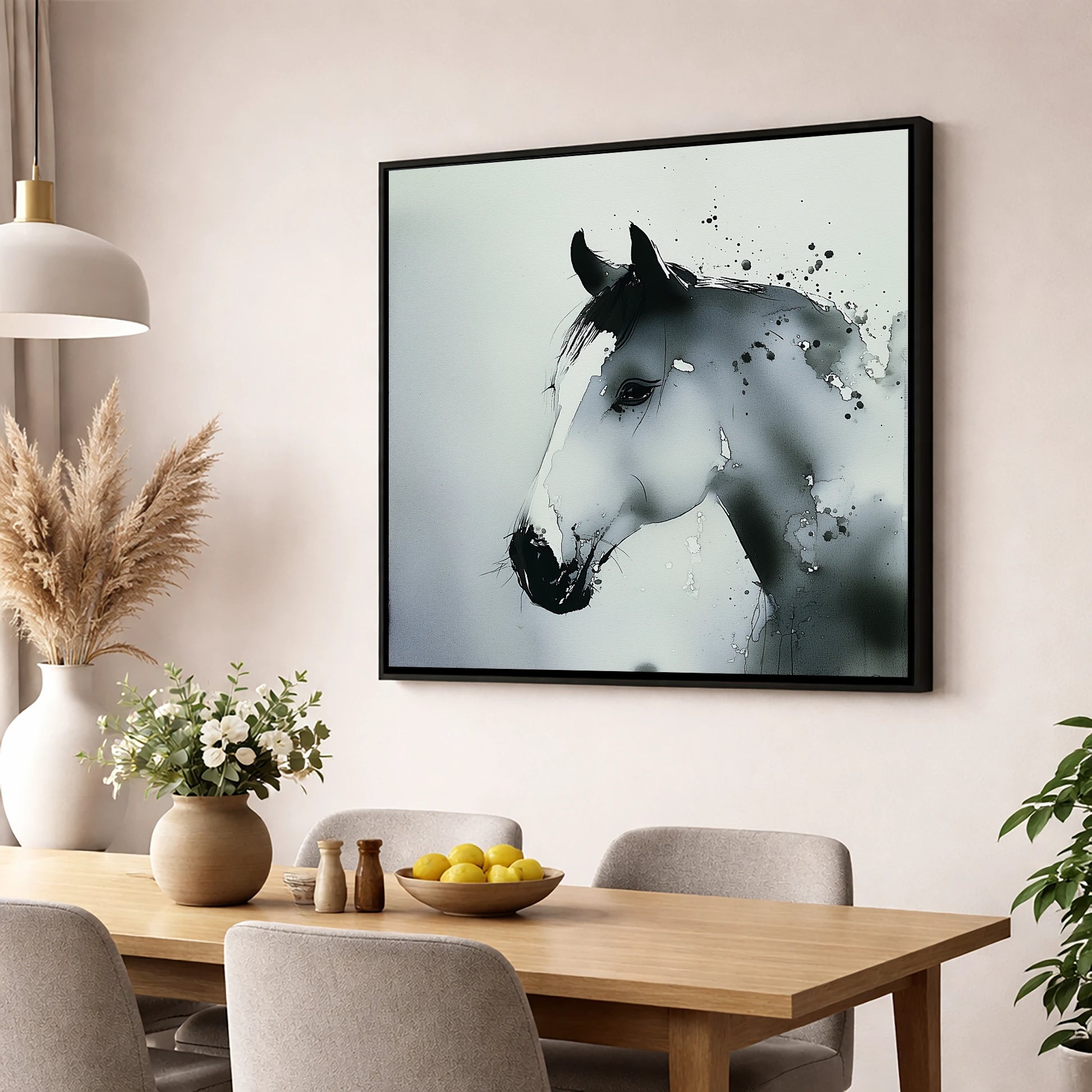Atmospheric Grey Profile horse portrait wall art displayed in a dining room