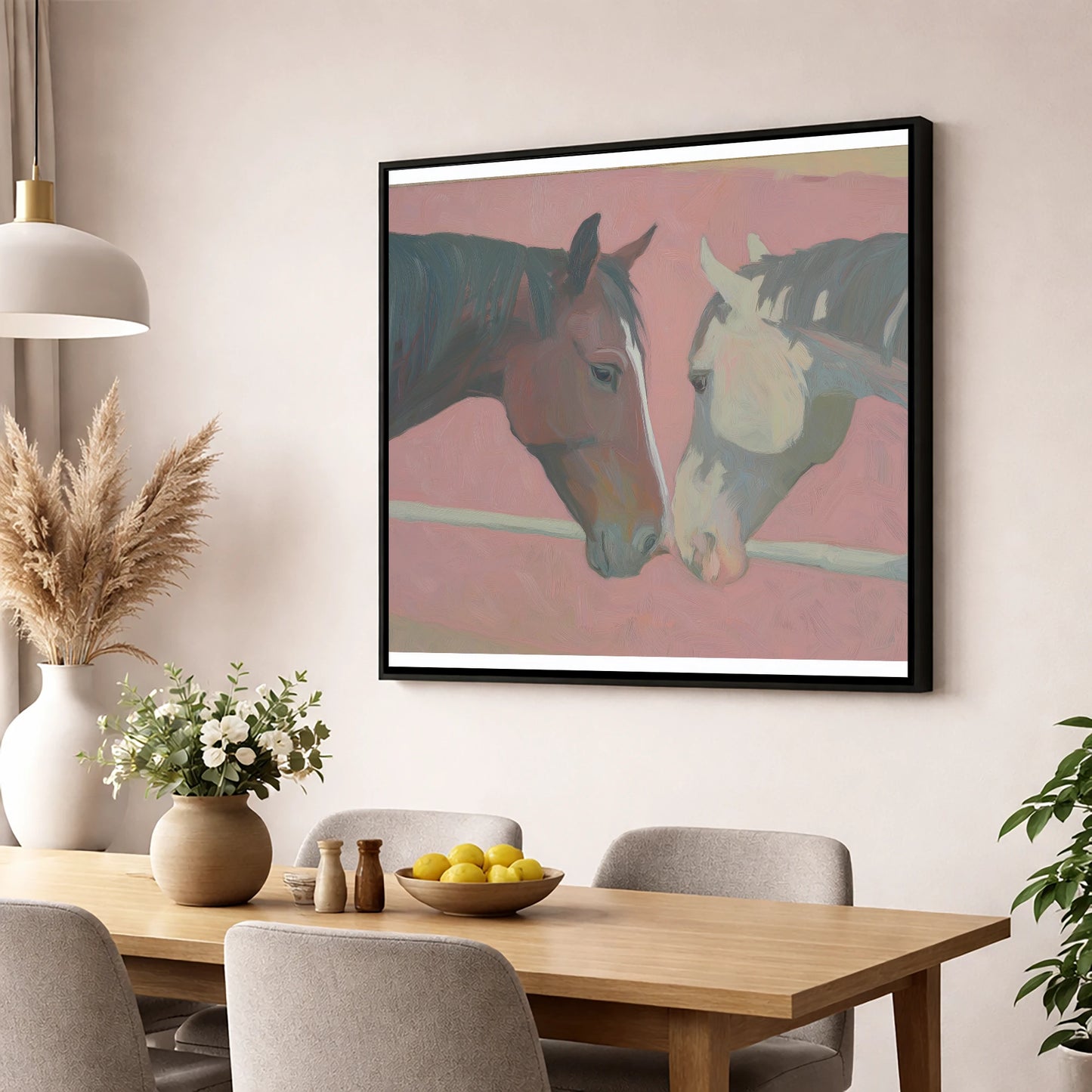 Quiet Companions horse portrait wall art displayed in a dining room