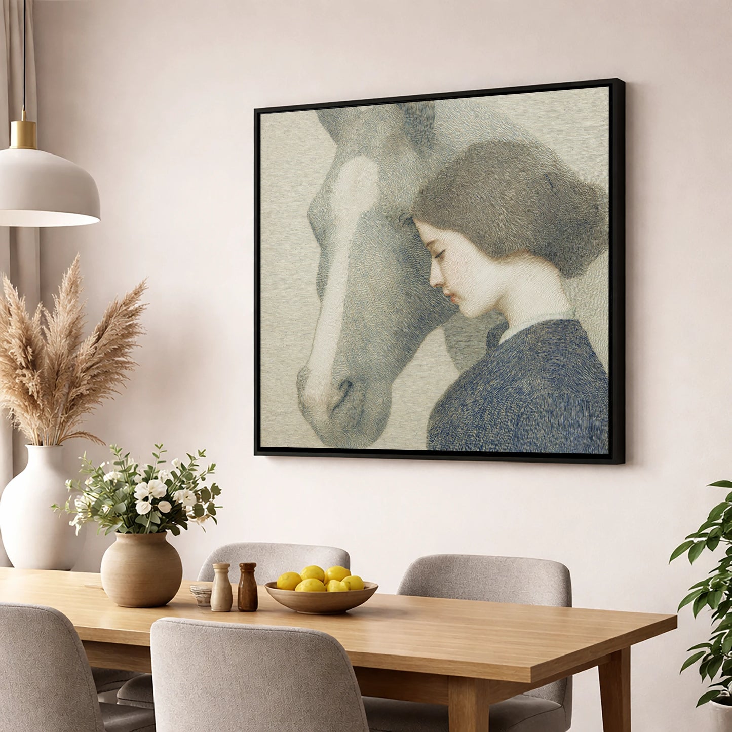 A Silent Understanding horse & rider wall art displayed in a dining room