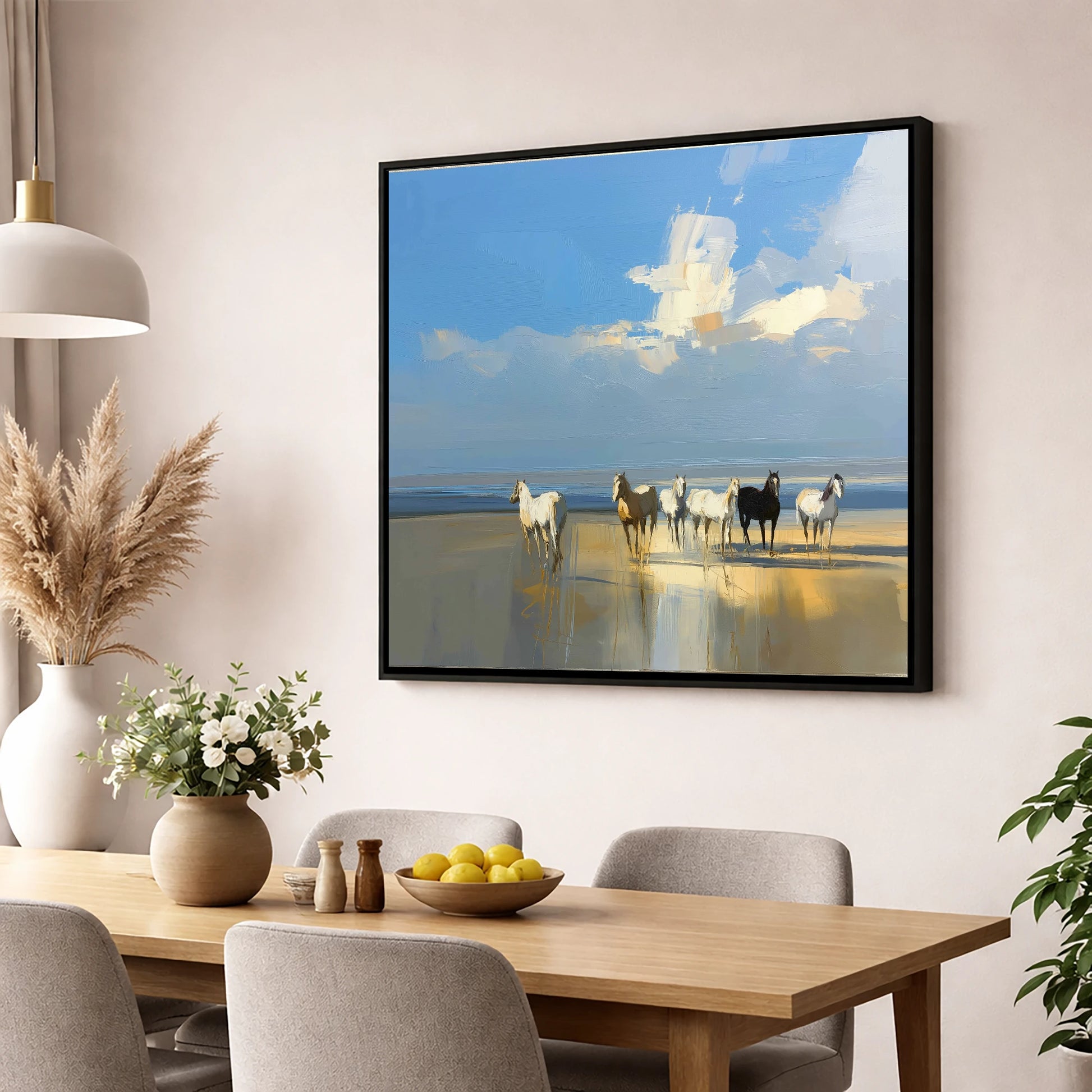 Sunlit Coastal Herd horse landscape wall art displayed in a dining room