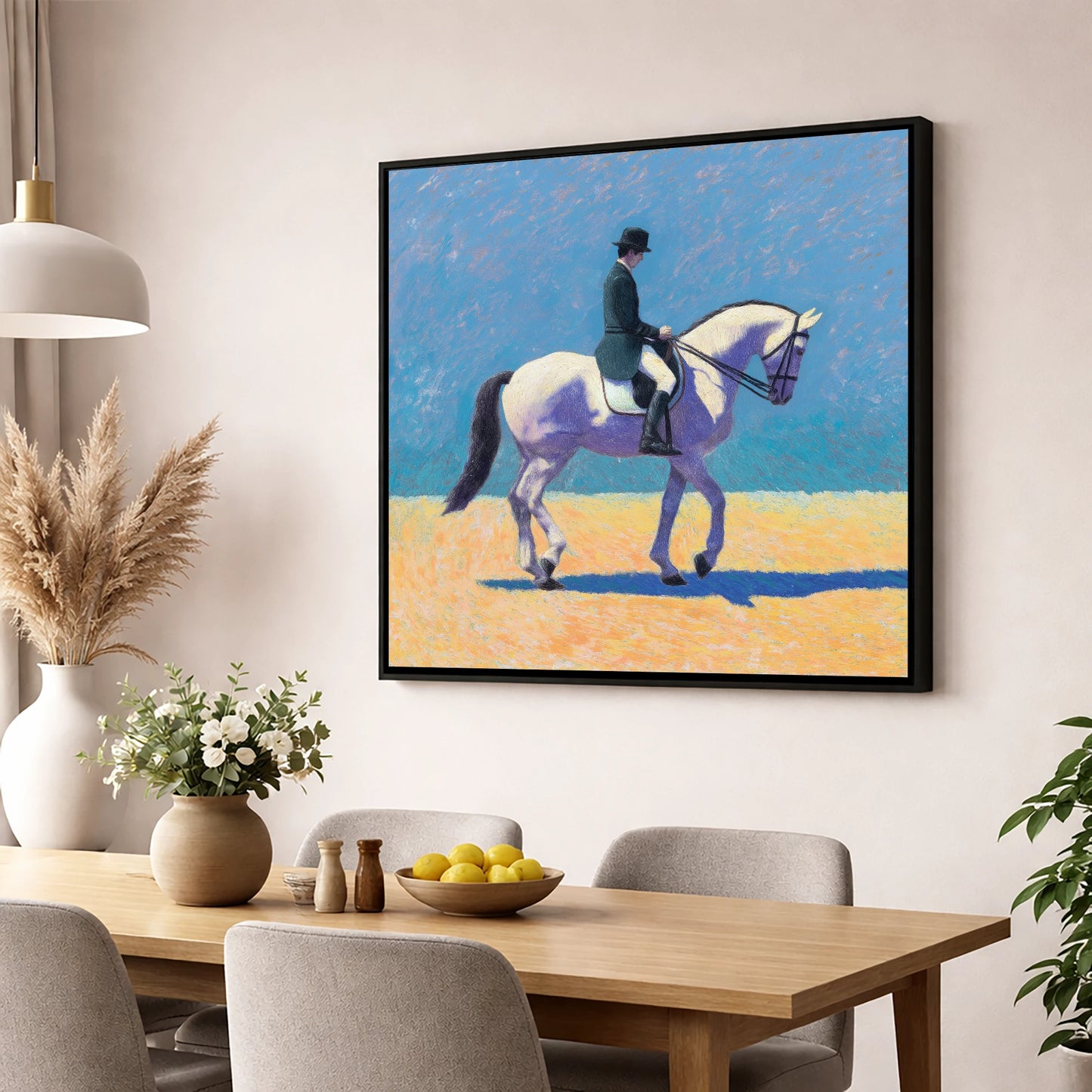 Lavender Shadows Dressage dressage horse wall art displayed in a dining room