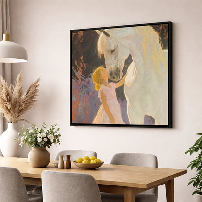 A Gentle Connection horse & rider wall art displayed in a dining room