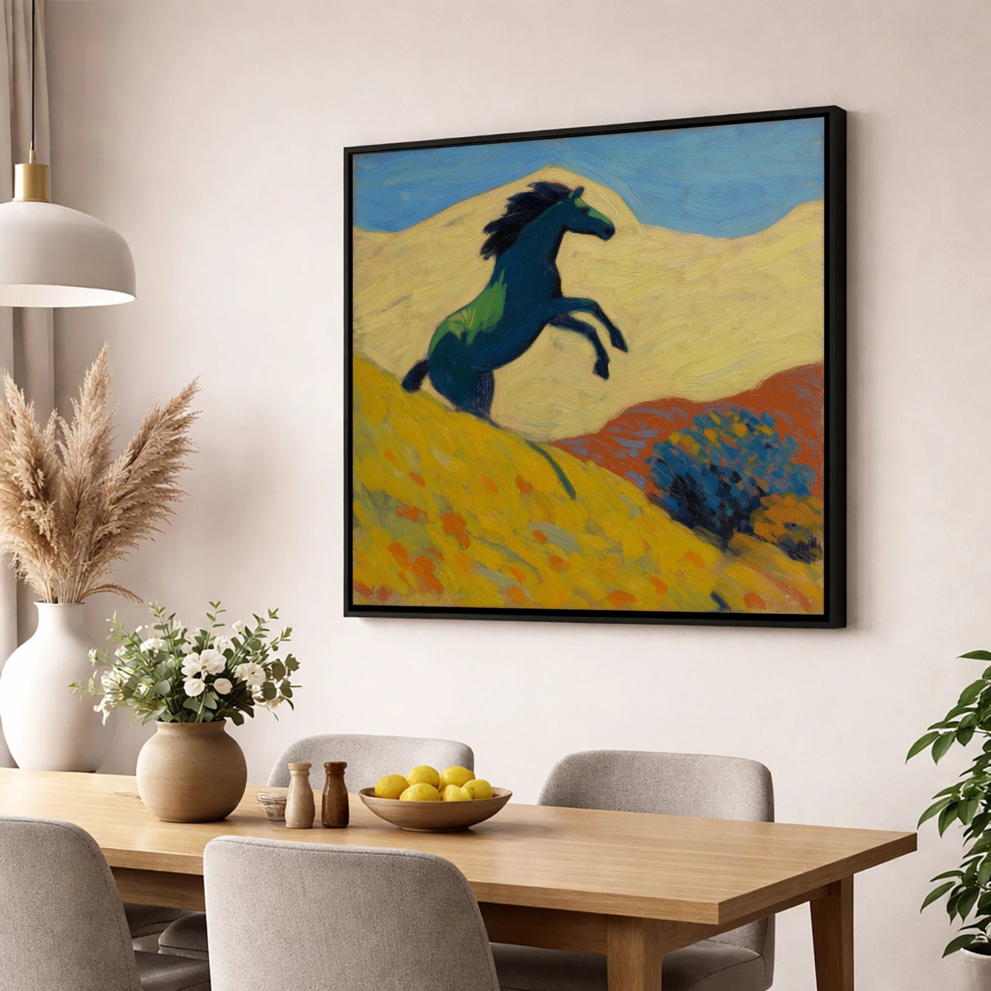 Rearing Indigo wild horses wall art displayed in a dining room