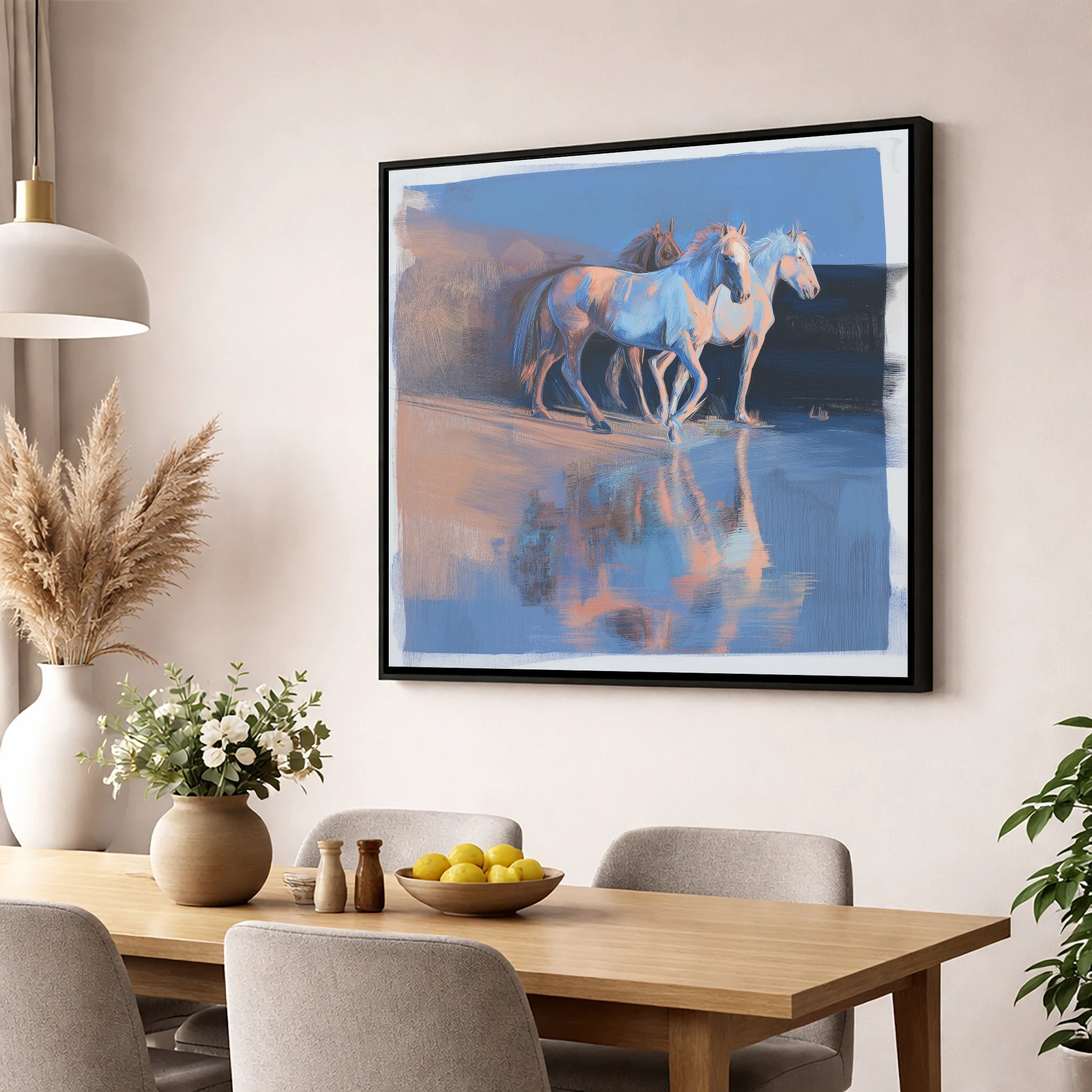 Wild Reflections at Dawn wild horses wall art displayed in a dining room