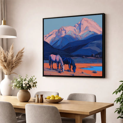 Indigo Mountain Pastures horse landscape wall art displayed in a dining room