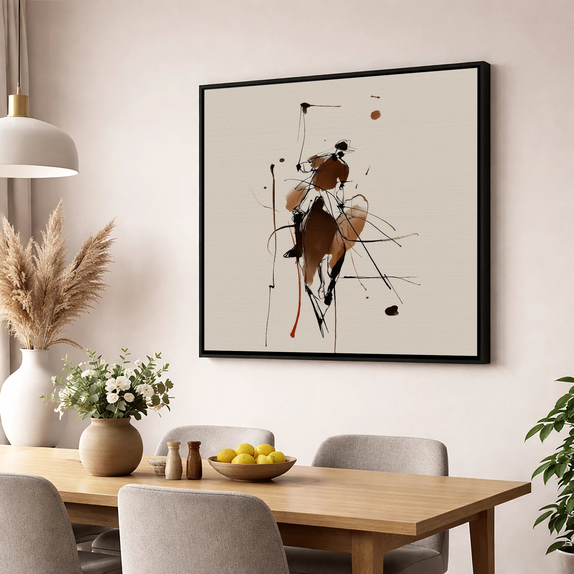 The High Swing polo horse wall art displayed in a dining room