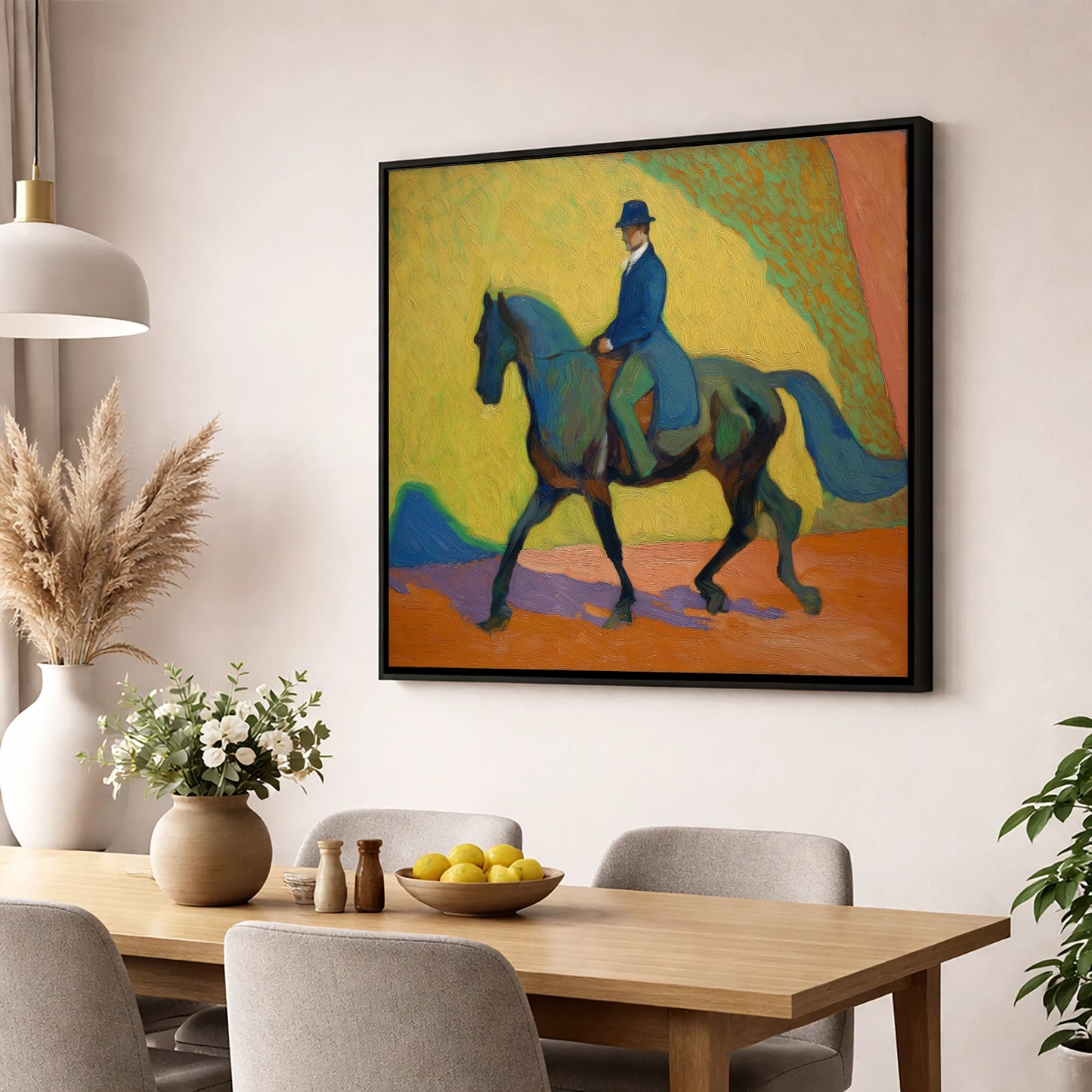 Vibrant Dressage Rhythm dressage horse wall art displayed in a dining room