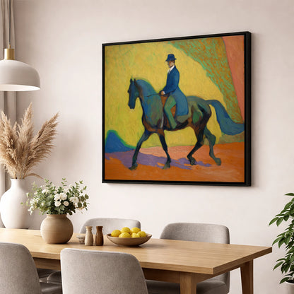 Vibrant Dressage Rhythm dressage horse wall art displayed in a dining room
