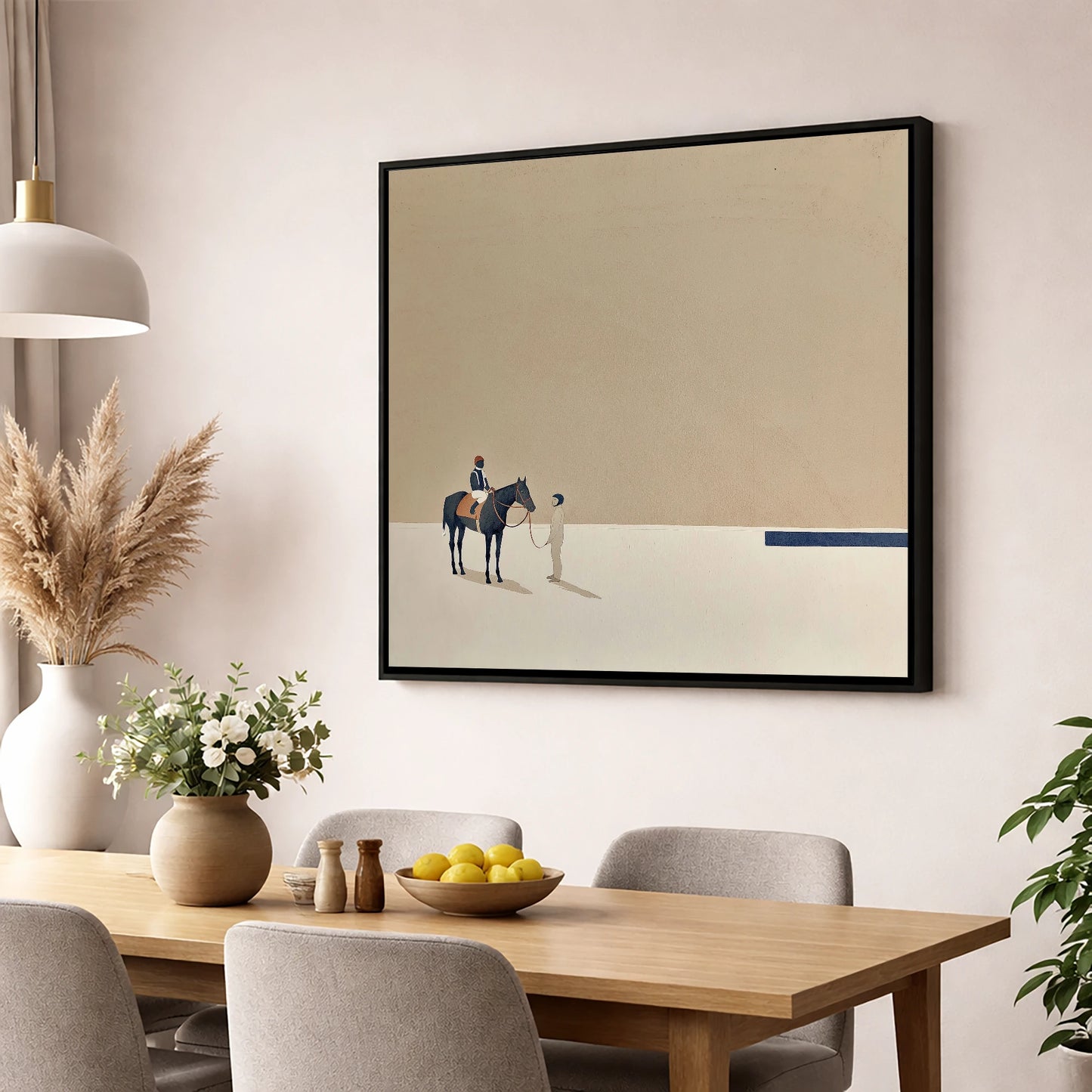 Quiet Anticipation racing horse wall art displayed in a dining room