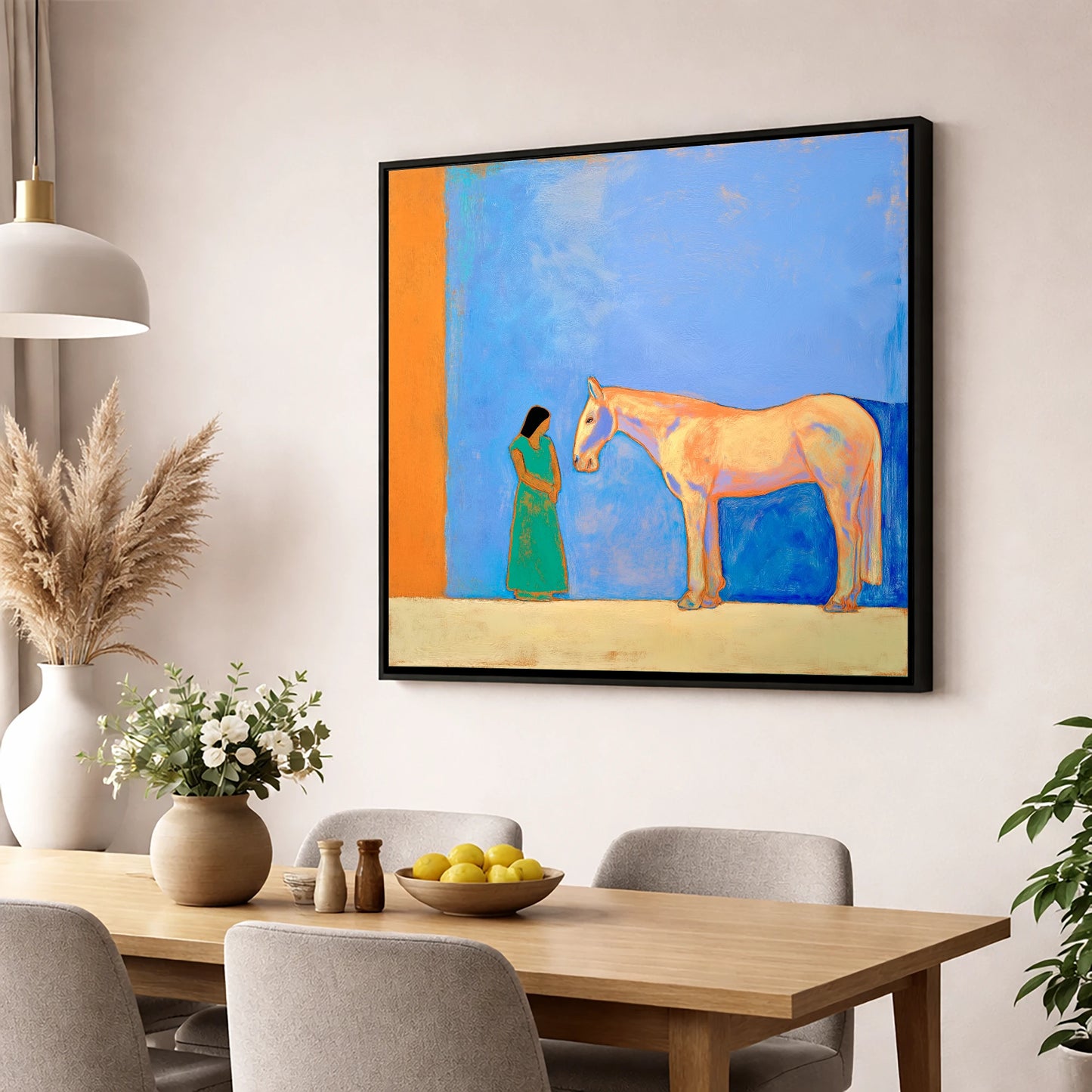 Silent Understanding horse & rider wall art displayed in a dining room