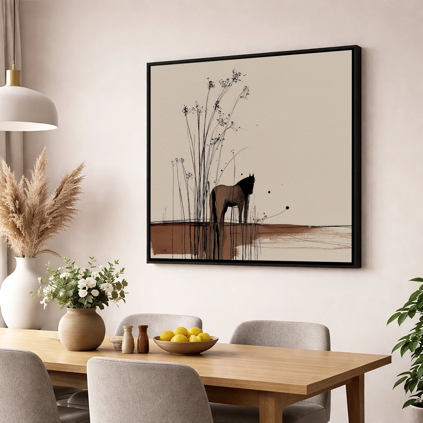 Whispers in the Reeds horse landscape wall art displayed in a dining room