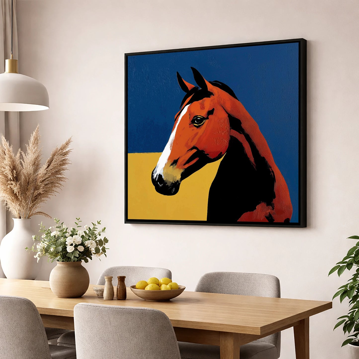 Bold Chestnut Portrait horse portrait wall art displayed in a dining room