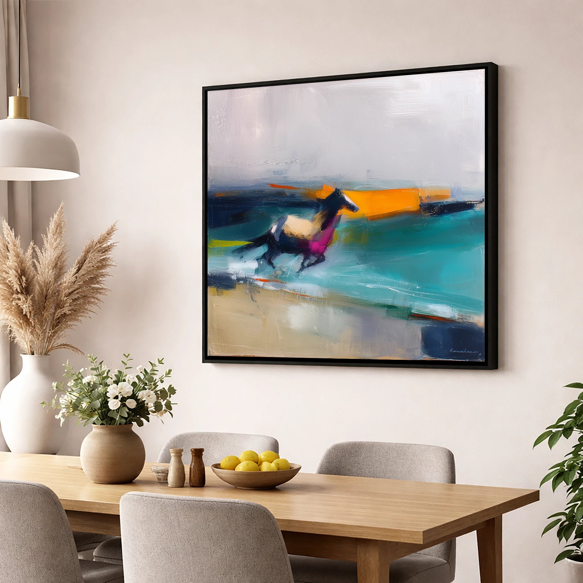 Vivid Coastal Gallop beach horse wall art displayed in a dining room