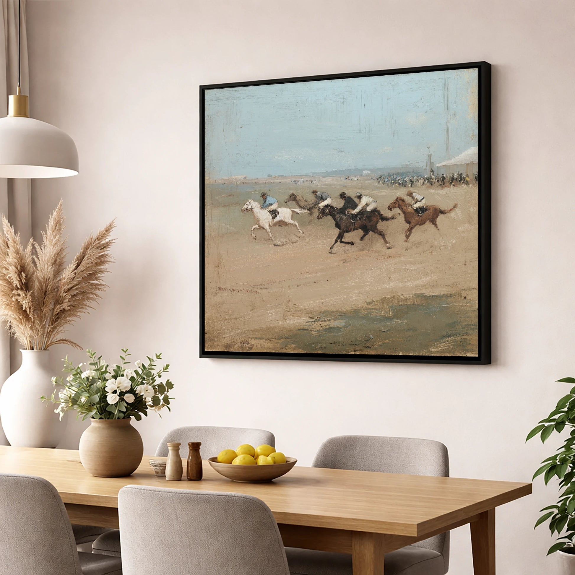 Gallop on the Sands racing horse wall art displayed in a dining room