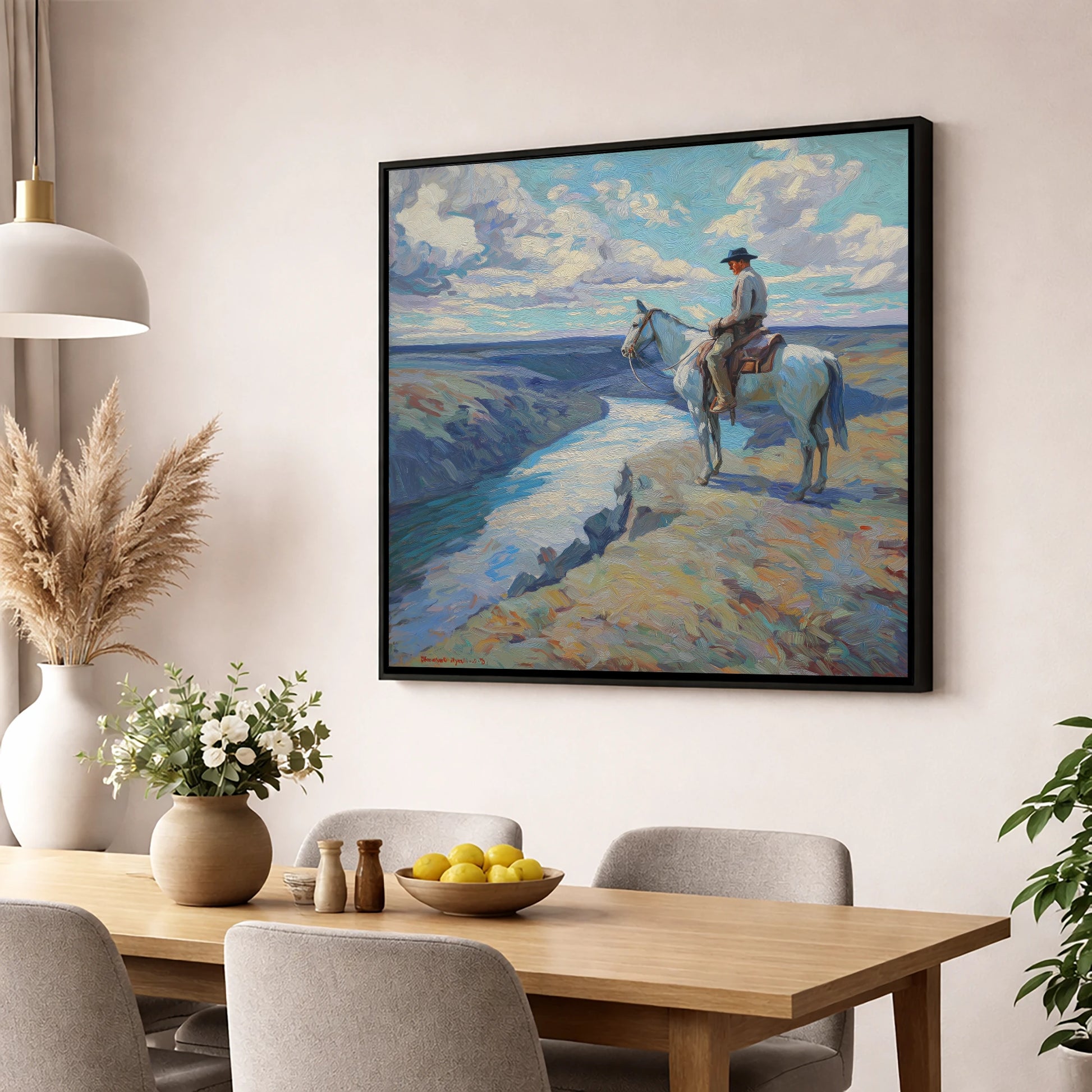 Canyon River Vantage western horse wall art displayed in a dining room
