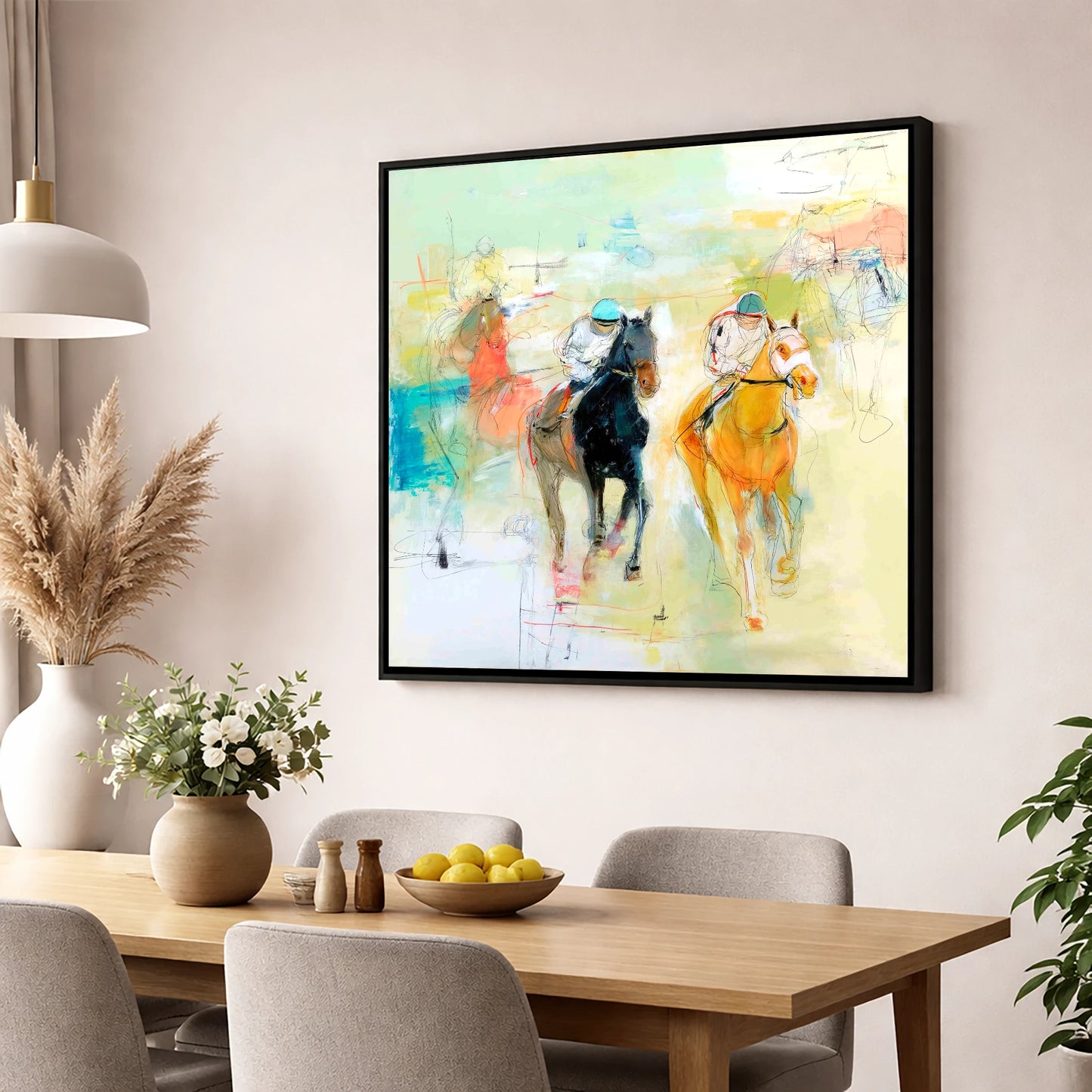 Thundering Strides racing horse wall art displayed in a dining room