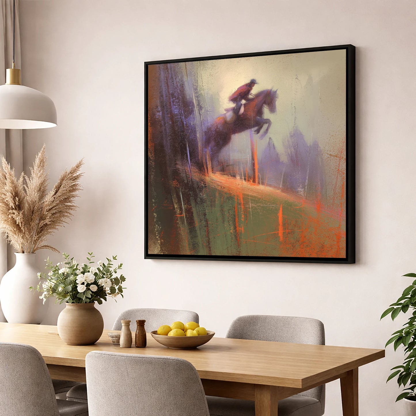 Flight Through the Haze show jumping horse wall art displayed in a dining room
