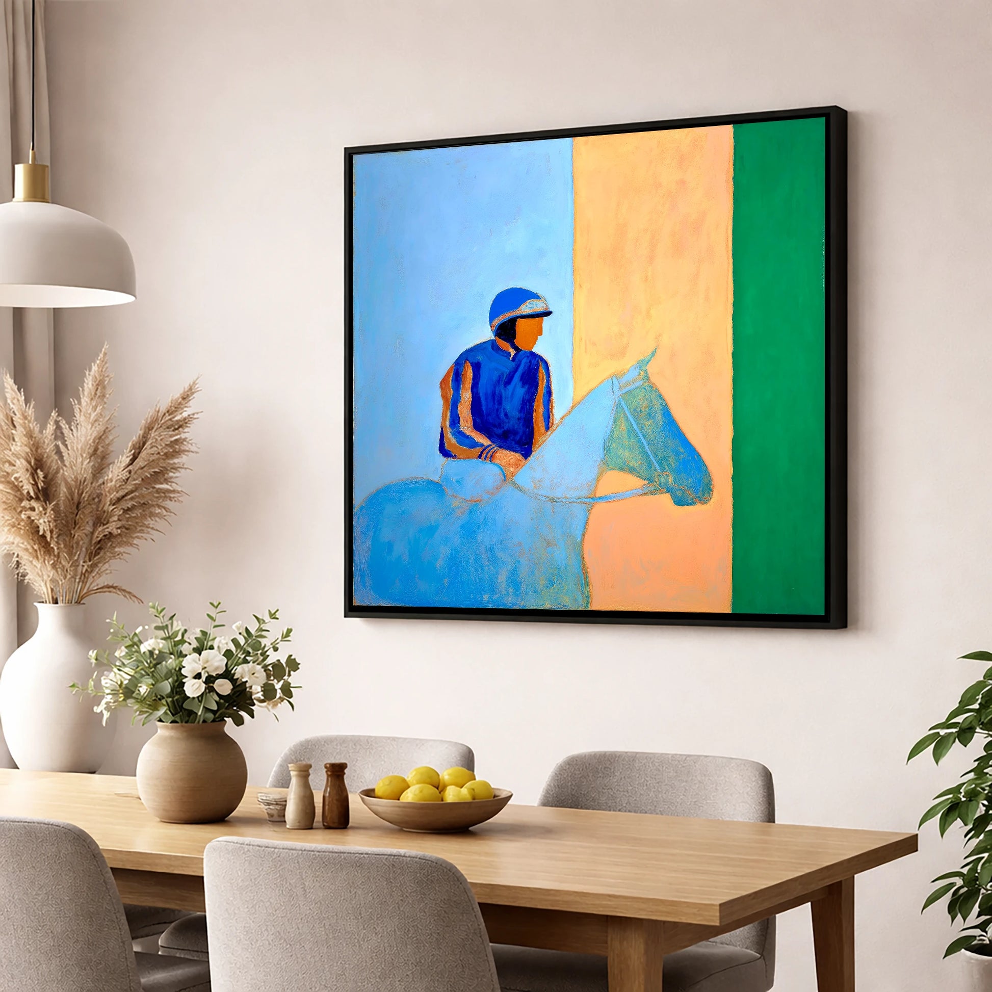 Paddock Serenity racing horse wall art displayed in a dining room
