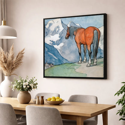 The Mountain Sentinel horse landscape wall art displayed in a dining room